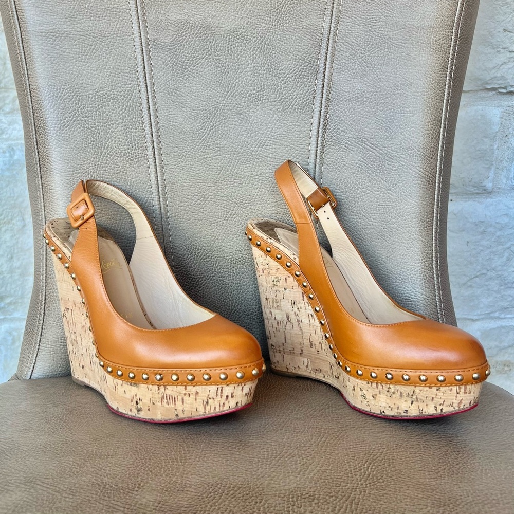 Christian Louboutin Hot Lita 140 Camel Cognac Cork Wedge Slingback Euro 37 1/2